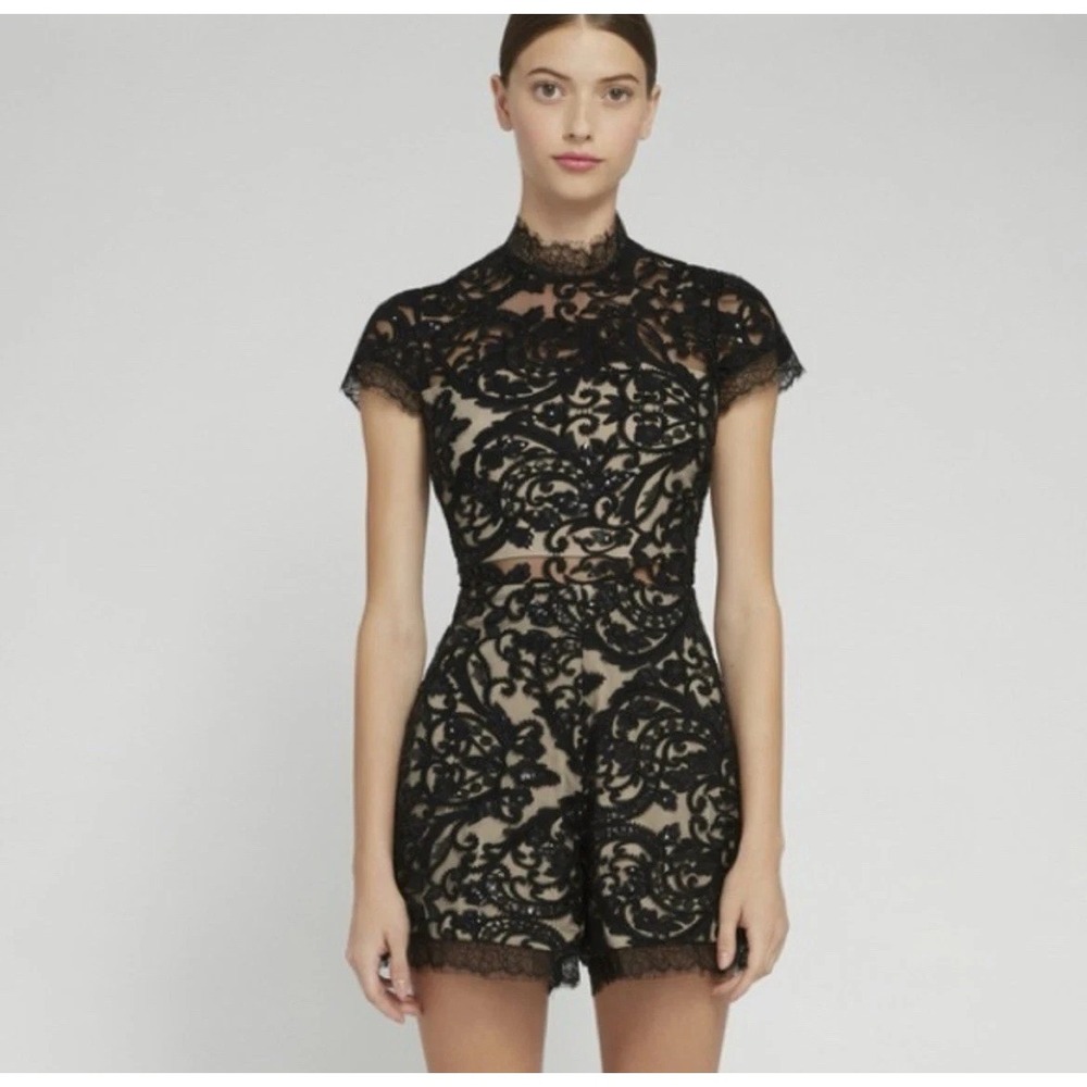 Alice + Olivia Alaina Floral-Embroidered Mock Neck Lace Romper Party Sz 14 Beads